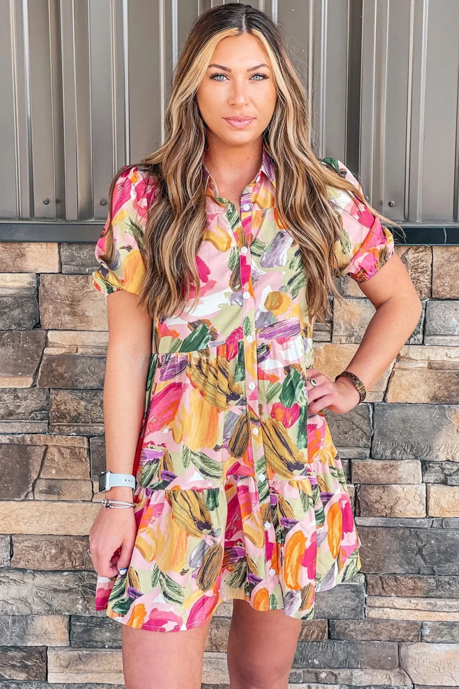 Shewin Women's Multicolor Floral Print Short Sleeve Shirt Dress - Casual Summer Style