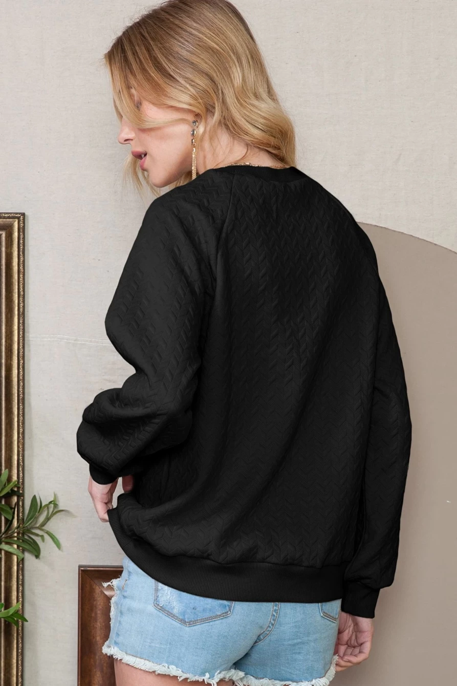 Shewin Women's Black Solid Color Textured Raglan Sleeve Pullover Sweatshirt