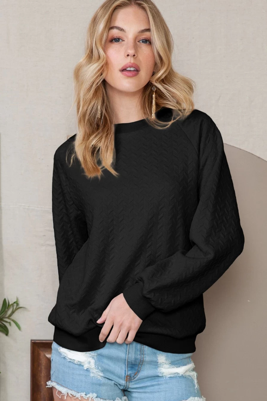 Shewin Women's Black Solid Color Textured Raglan Sleeve Pullover Sweatshirt