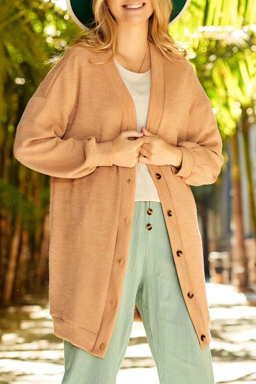 Shewin Women's Apricot V Neck Ribbed Drop Shoulder Button Up Cardigan Sweater