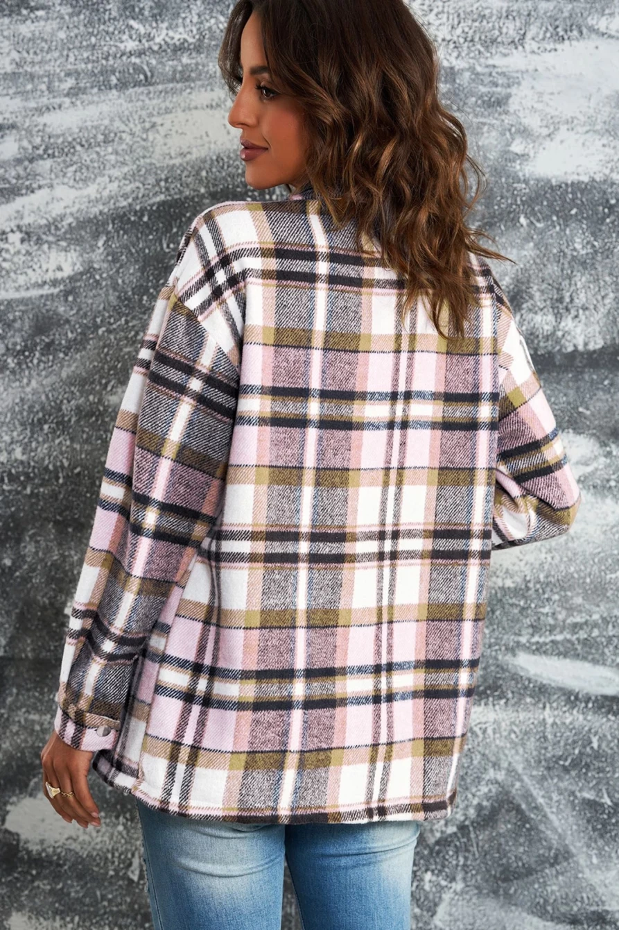 Women's Pink Flannel Plaid Shacket - Shewin Long Sleeve Button-Up Shirt Jacket