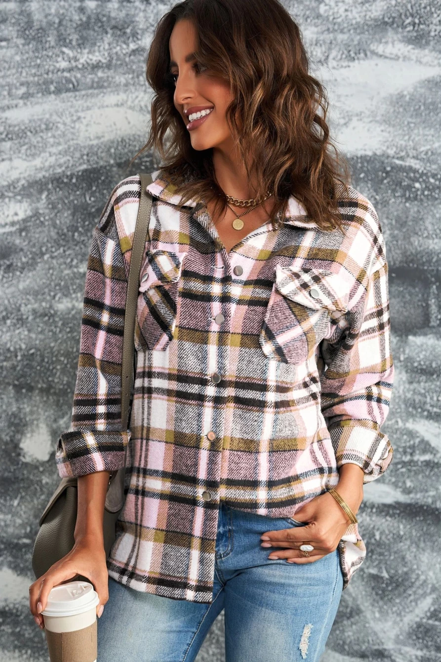 Women's Pink Flannel Plaid Shacket - Shewin Long Sleeve Button-Up Shirt Jacket