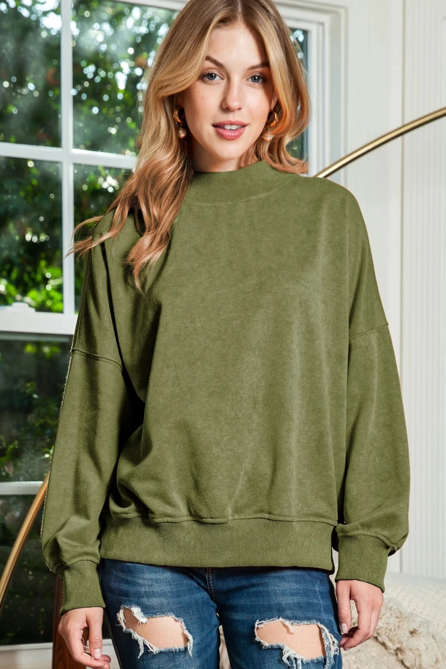 Shewin Women's Green Light Plain Washed Drop Shoulder Pullover Sweatshirt - Casual Oversized Sweater