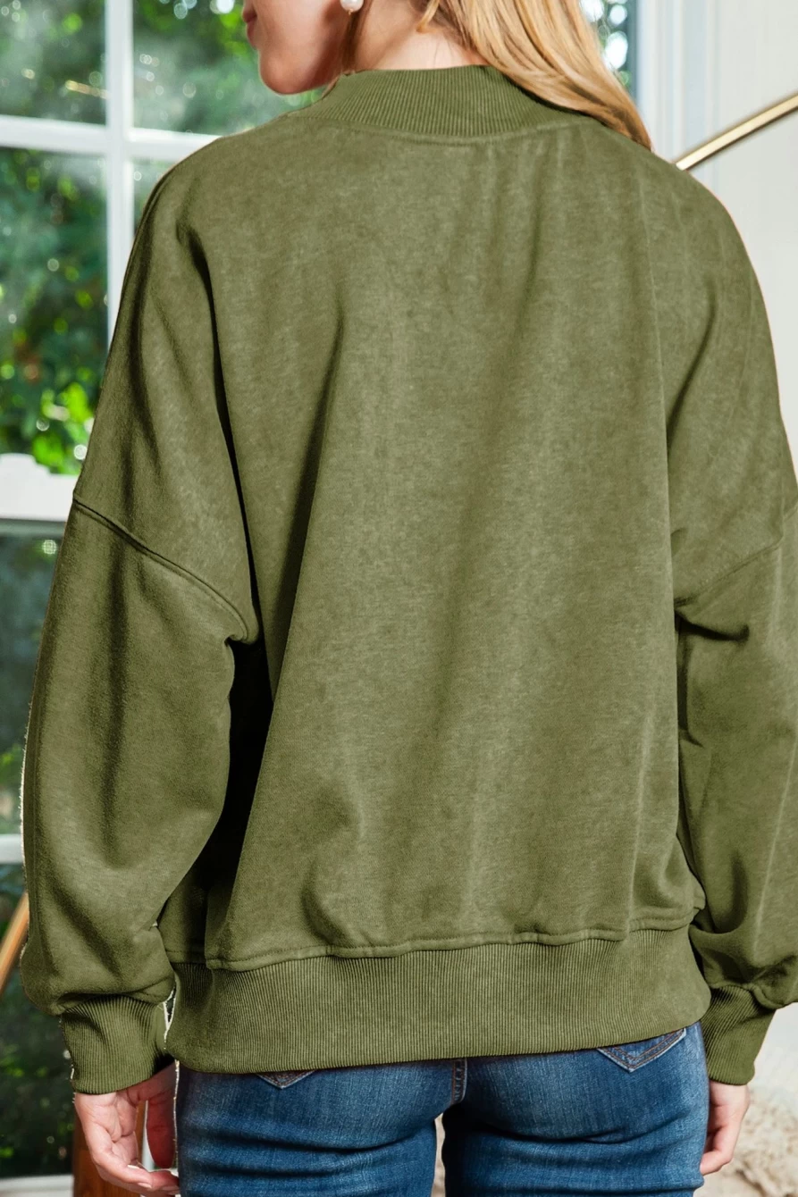 Shewin Women's Green Light Plain Washed Drop Shoulder Pullover Sweatshirt - Casual Oversized Sweater