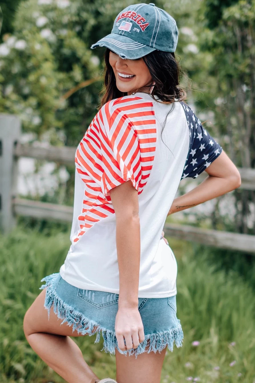 Shewin Women's White American Flag V-Neck T-Shirt - Patriotic Short Sleeve Top