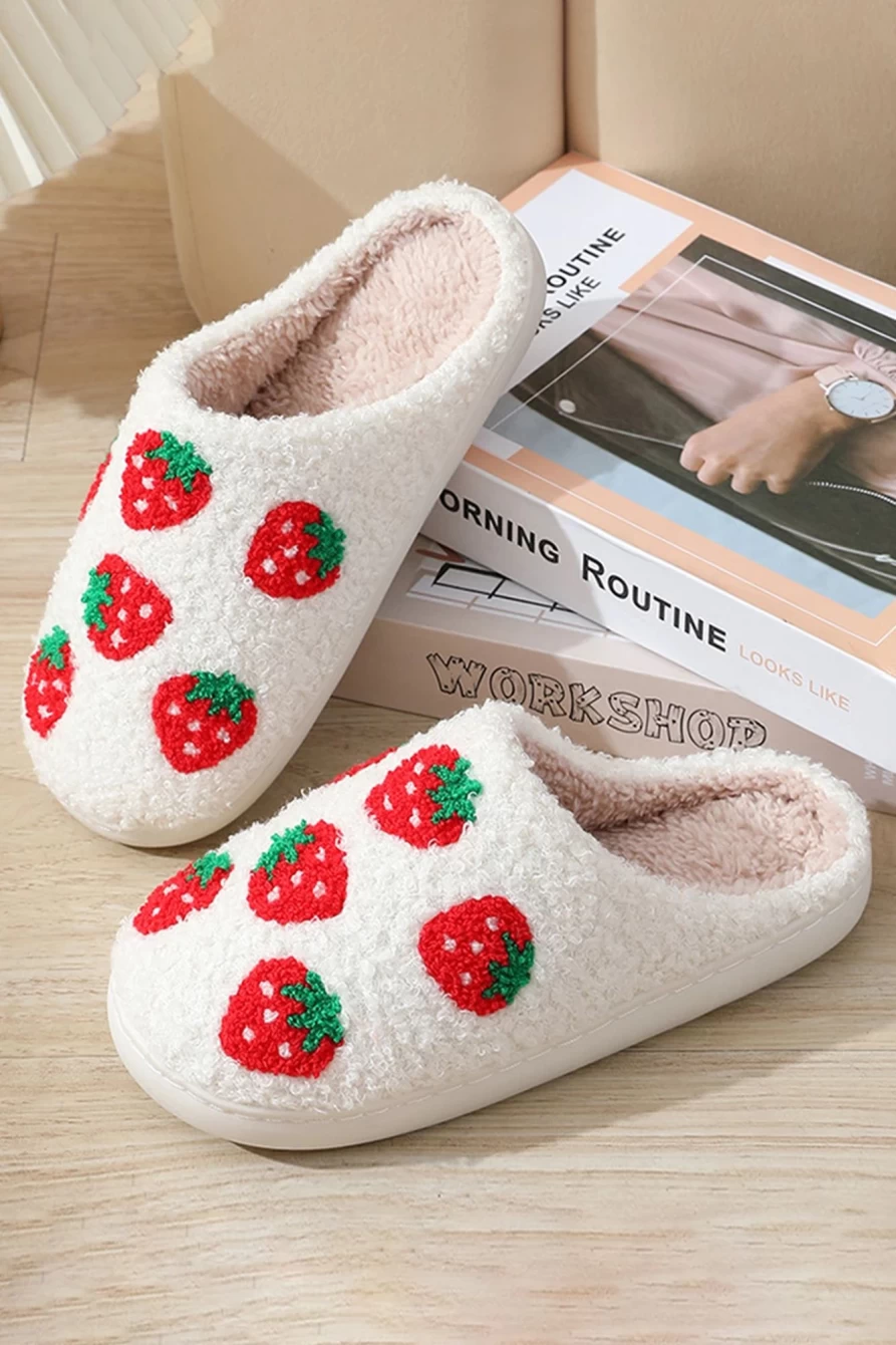 "Shewin Women's Bright White Fuzzy Strawberry Slippers - Cozy Home Footwear"