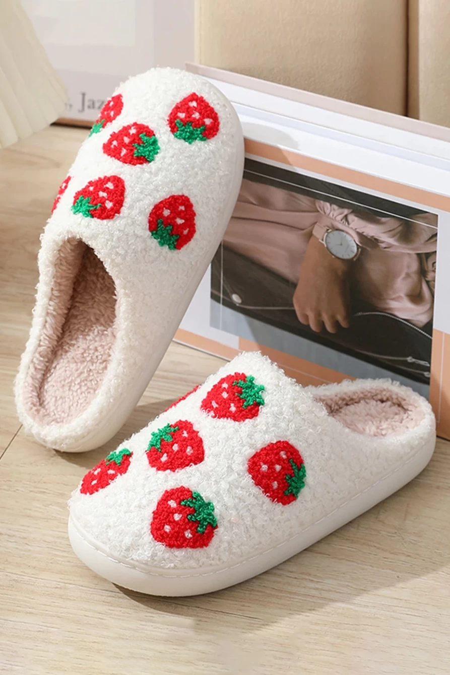 "Shewin Women's Bright White Fuzzy Strawberry Slippers - Cozy Home Footwear"