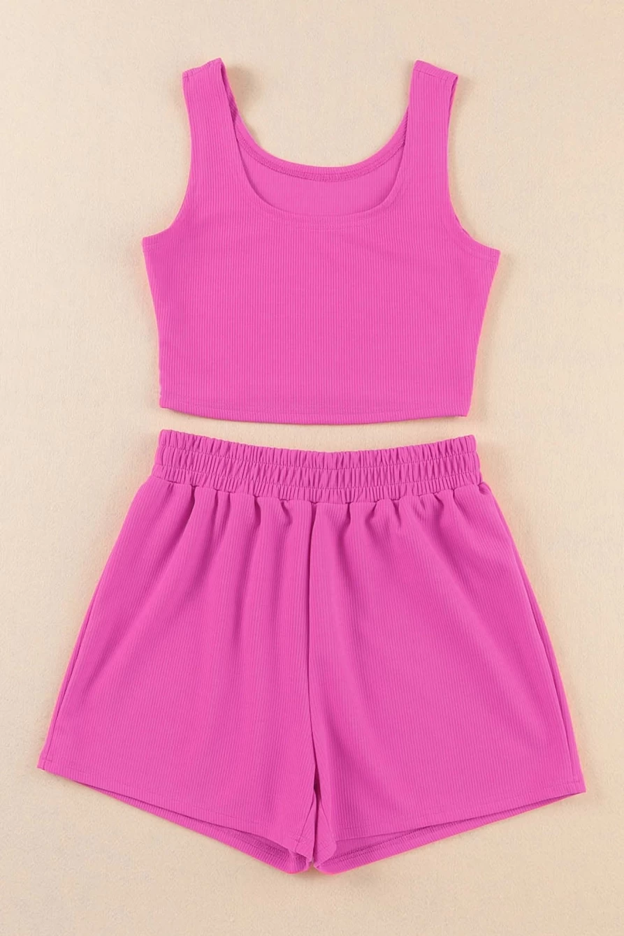 "Shewin Women's Rose High Waisted Corduroy Two Piece Set - Sleeveless Shorts Outfit"