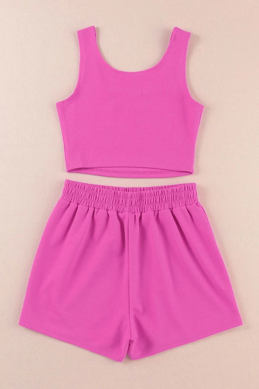 "Shewin Women's Rose High Waisted Corduroy Two Piece Set - Sleeveless Shorts Outfit"