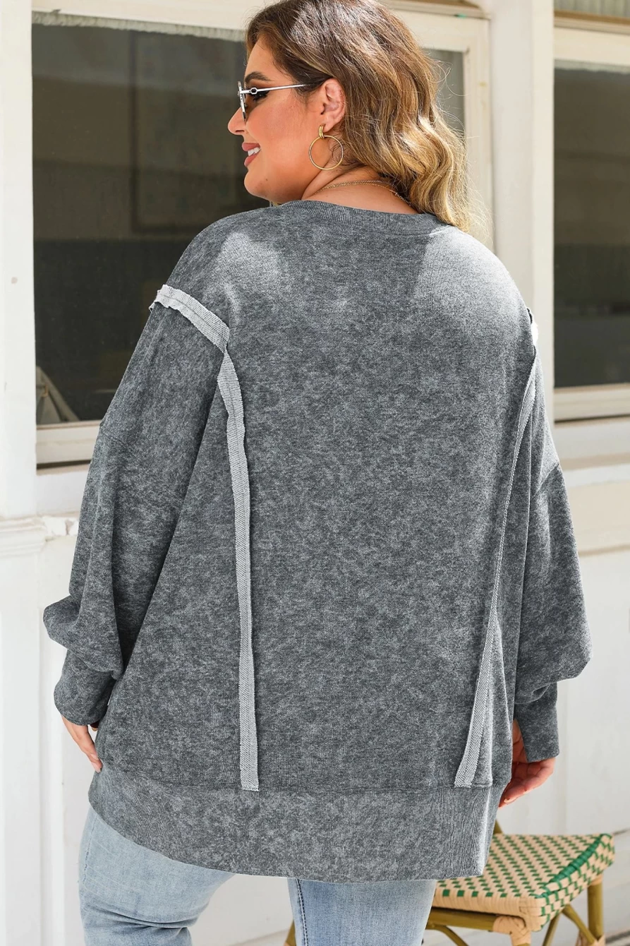 Shewin Women's Gray Acid Washed Split Seamed Plus Size Sweatshirt