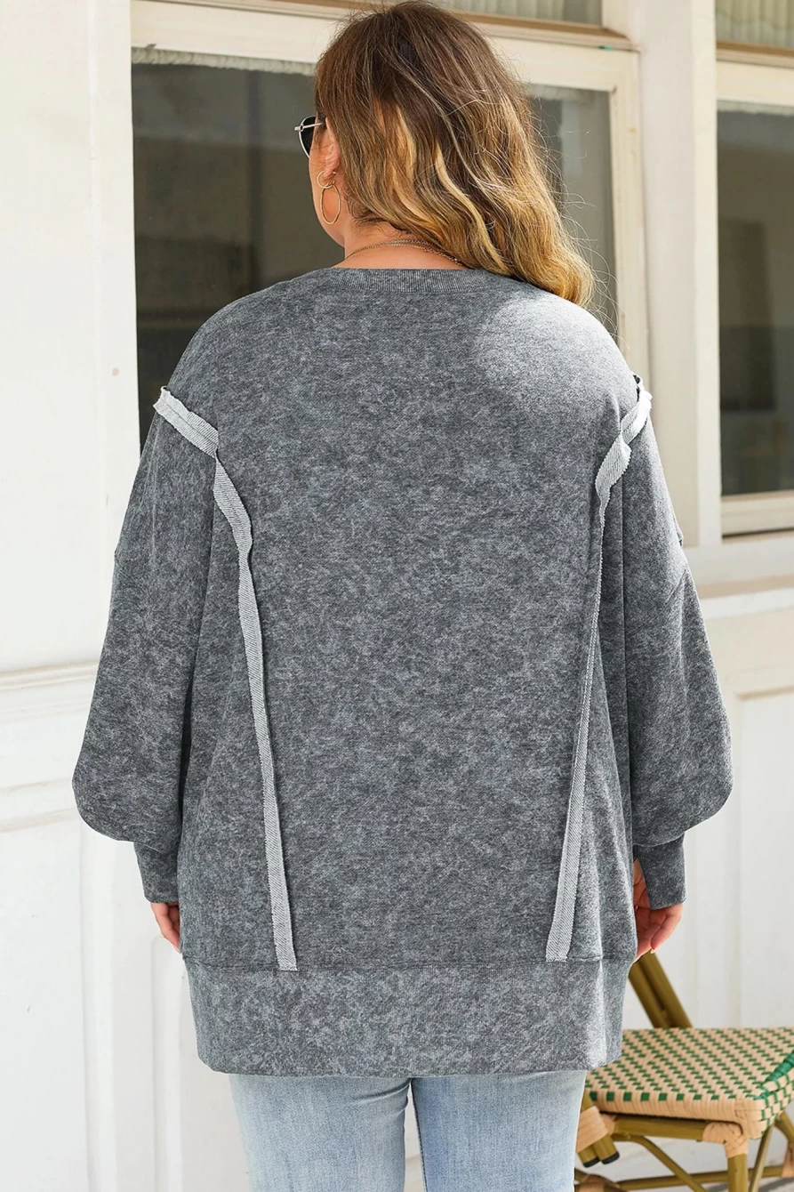 Shewin Women's Gray Acid Washed Split Seamed Plus Size Sweatshirt