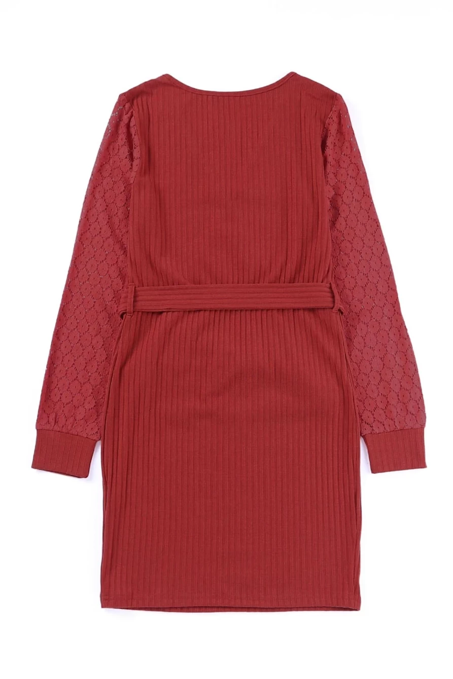 Shewin Women's Red V-Neck Lace-Up Short Dress with Contrast Sleeve Lace Detail
