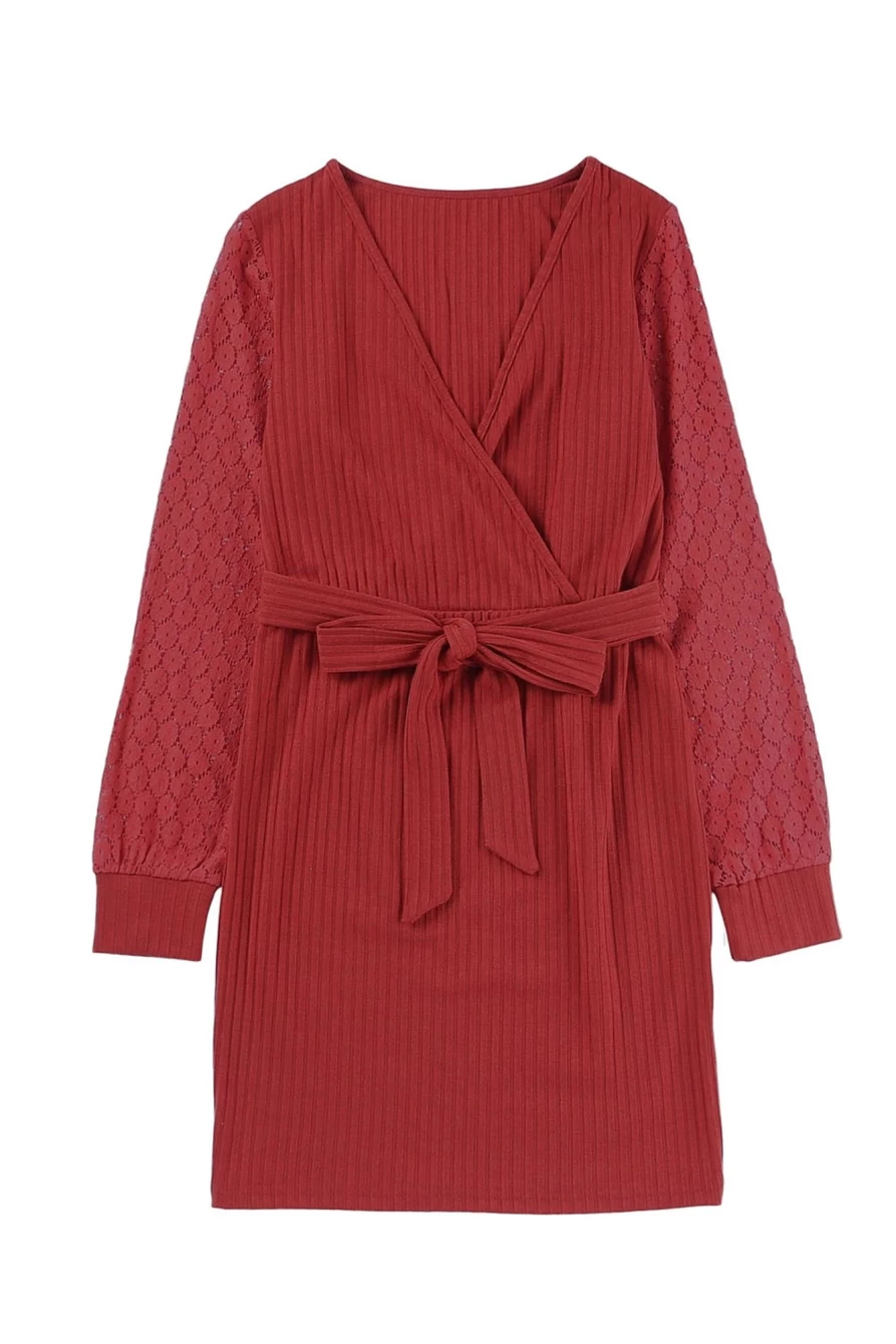 Shewin Women's Red V-Neck Lace-Up Short Dress with Contrast Sleeve Lace Detail