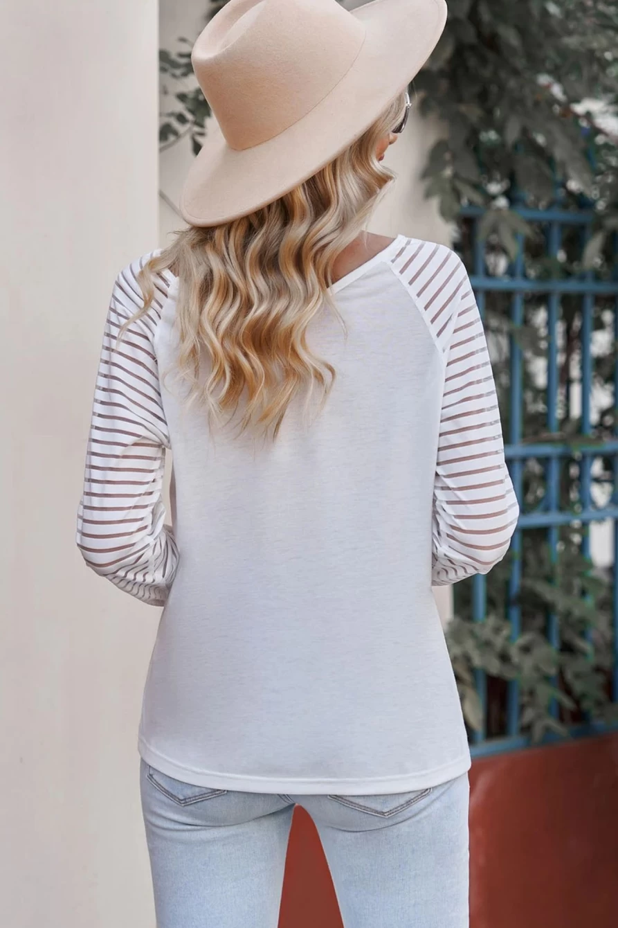 Women's White Floral Print Sheer-Stripe V-Neck Graphic Tee by Shewin