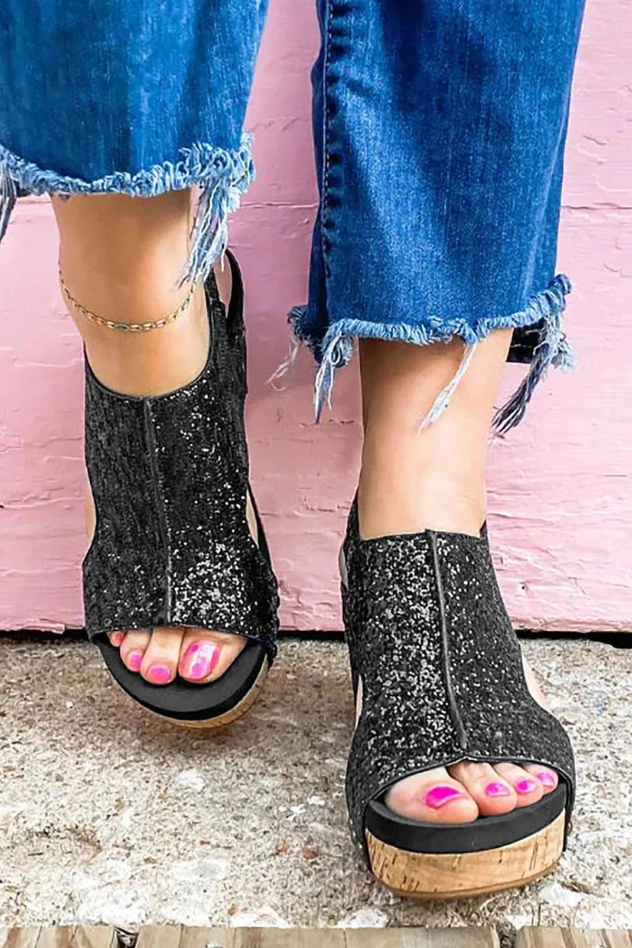 Shewin Women's Black Hollow Out Sequin Wedge Sandals with Buckle Detail