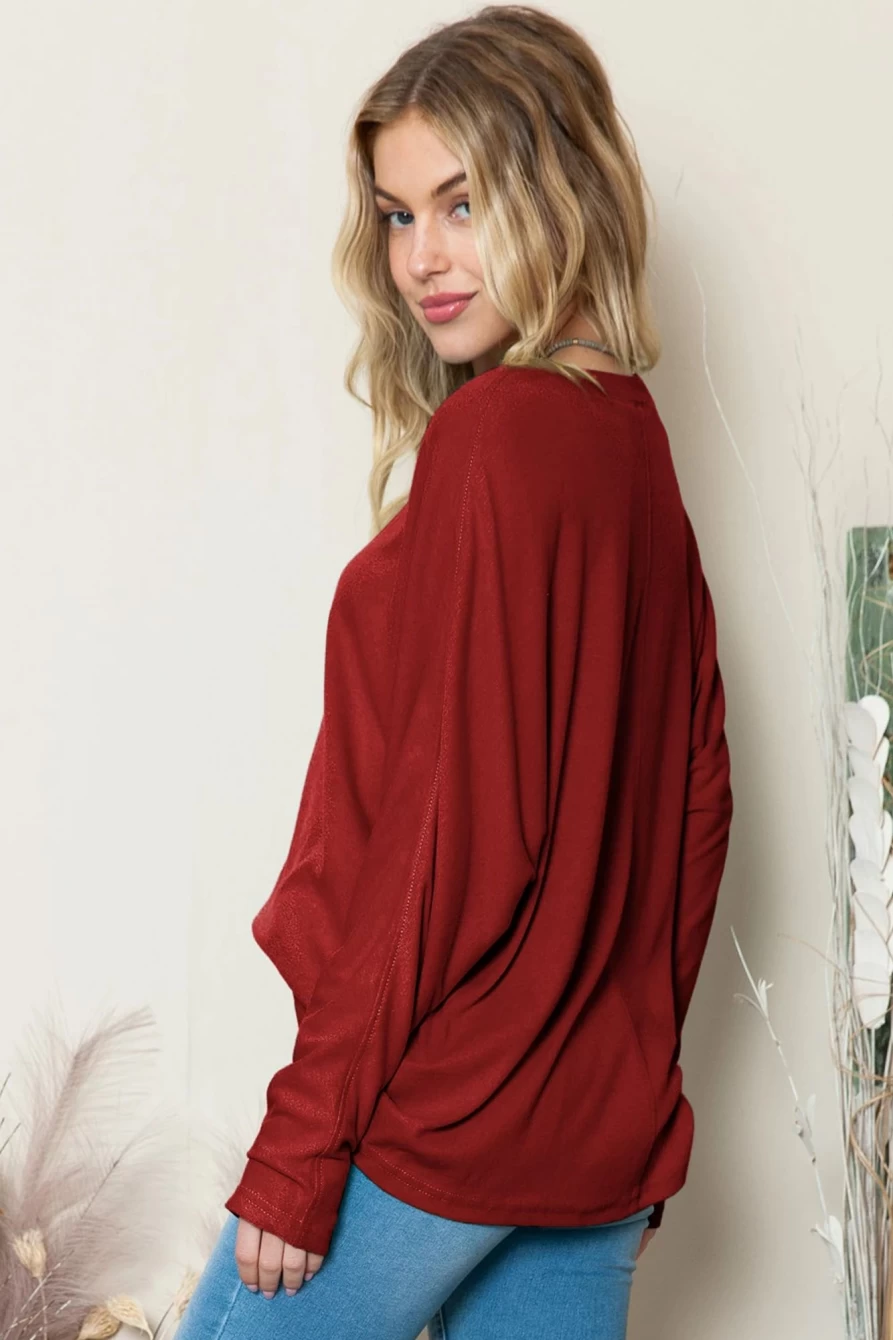 Shewin Women's Red Solid Color Long Sleeve Patchwork Top