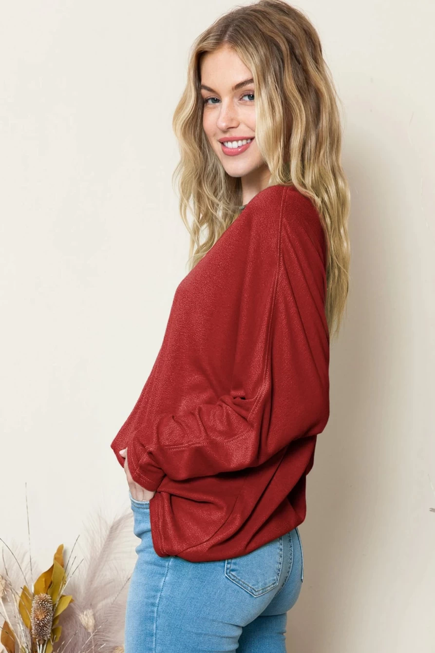 Shewin Women's Red Solid Color Long Sleeve Patchwork Top