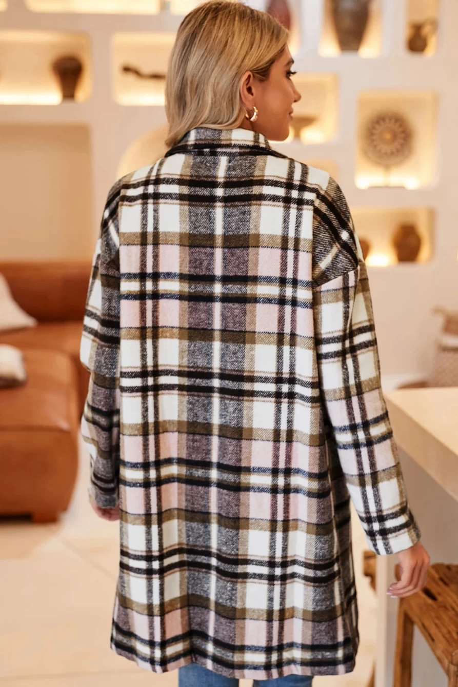 Women's Pink Plaid Button-Up Lapel Jacket by Shewin - Stylish Multicolor Design