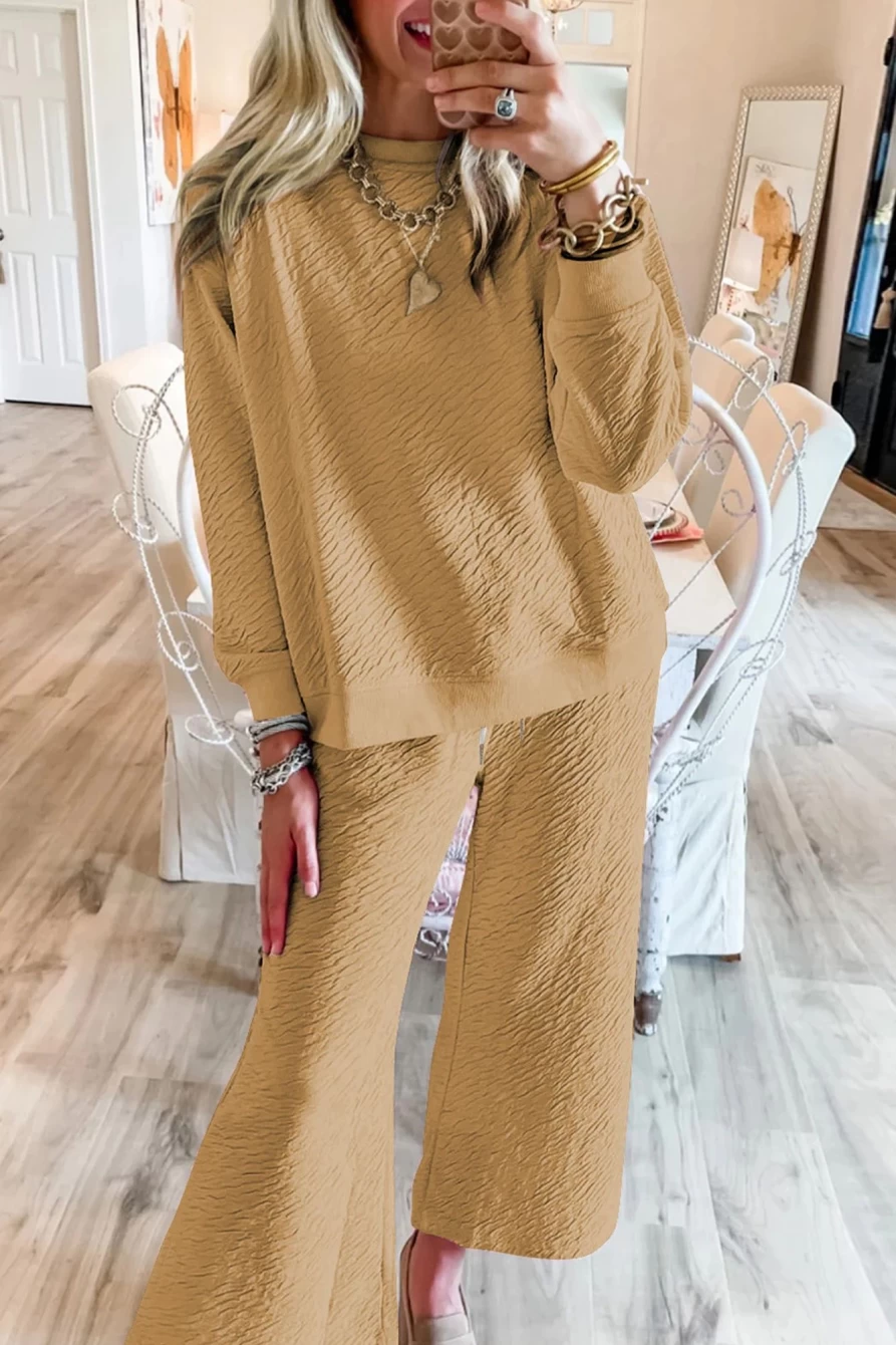 Shewin Women's Light French Beige Textured Long Sleeve Top and Pants Set Casual Loungewear