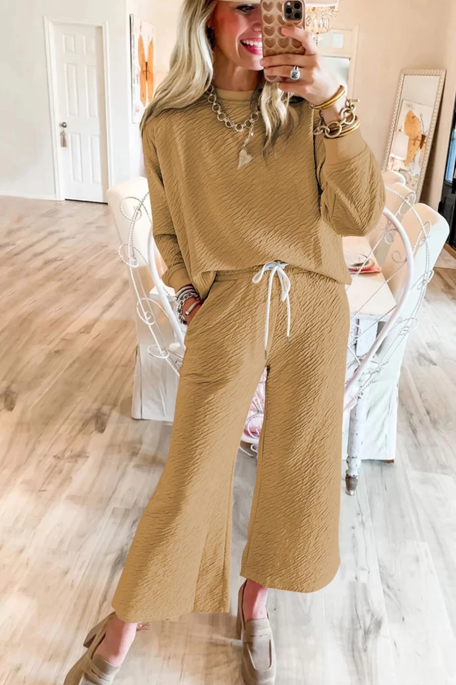 Shewin Women's Light French Beige Textured Long Sleeve Top and Pants Set Casual Loungewear