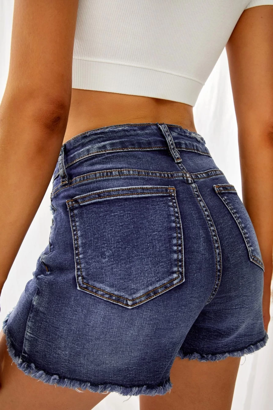 "SheWin Women's Blue Distressed Raw Hem Denim Shorts - Dark Wash High Waisted Vintage Style"