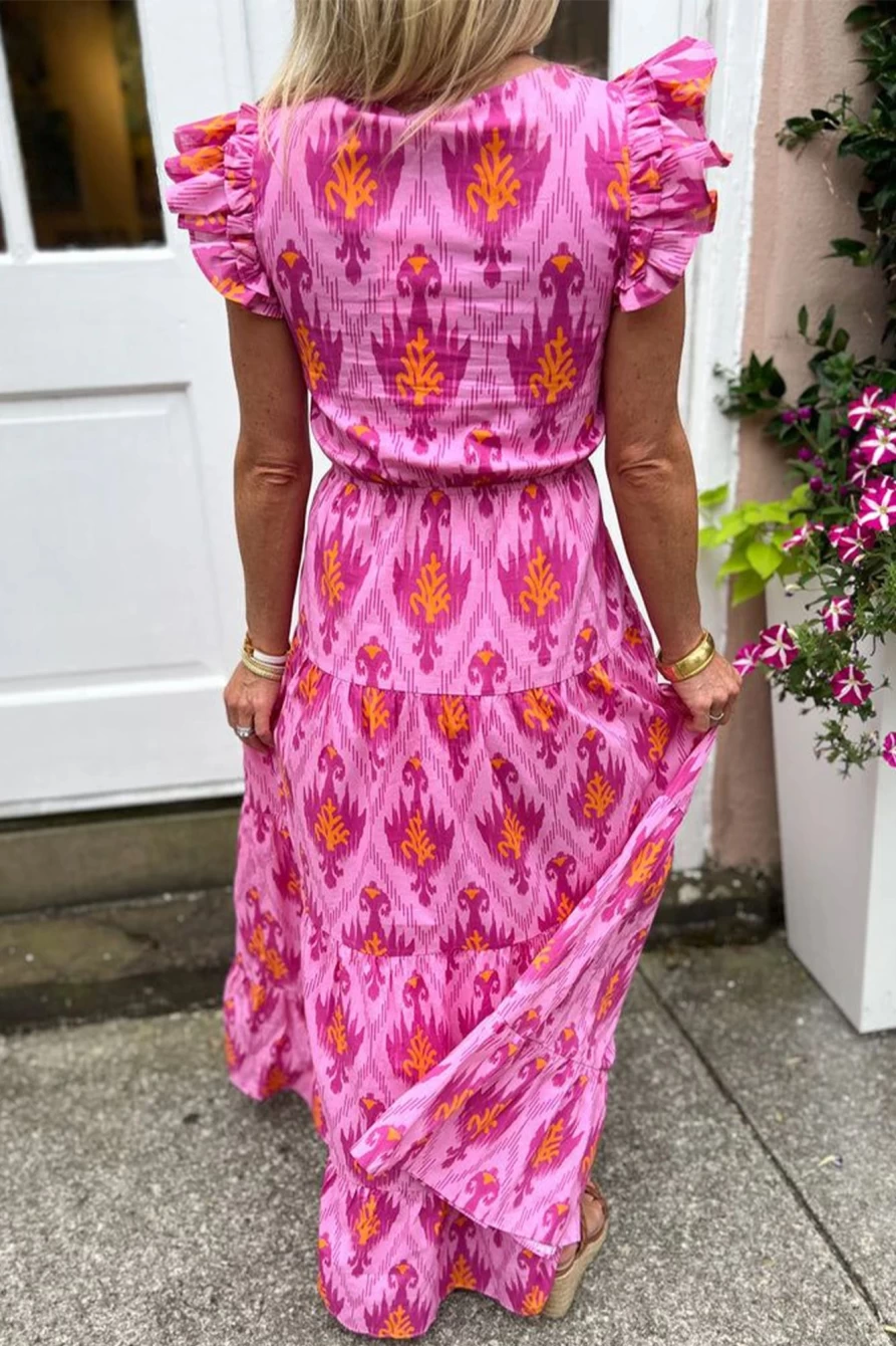 Shewin Women's Boho Bonbon Abstract Print Tiered Maxi Dress