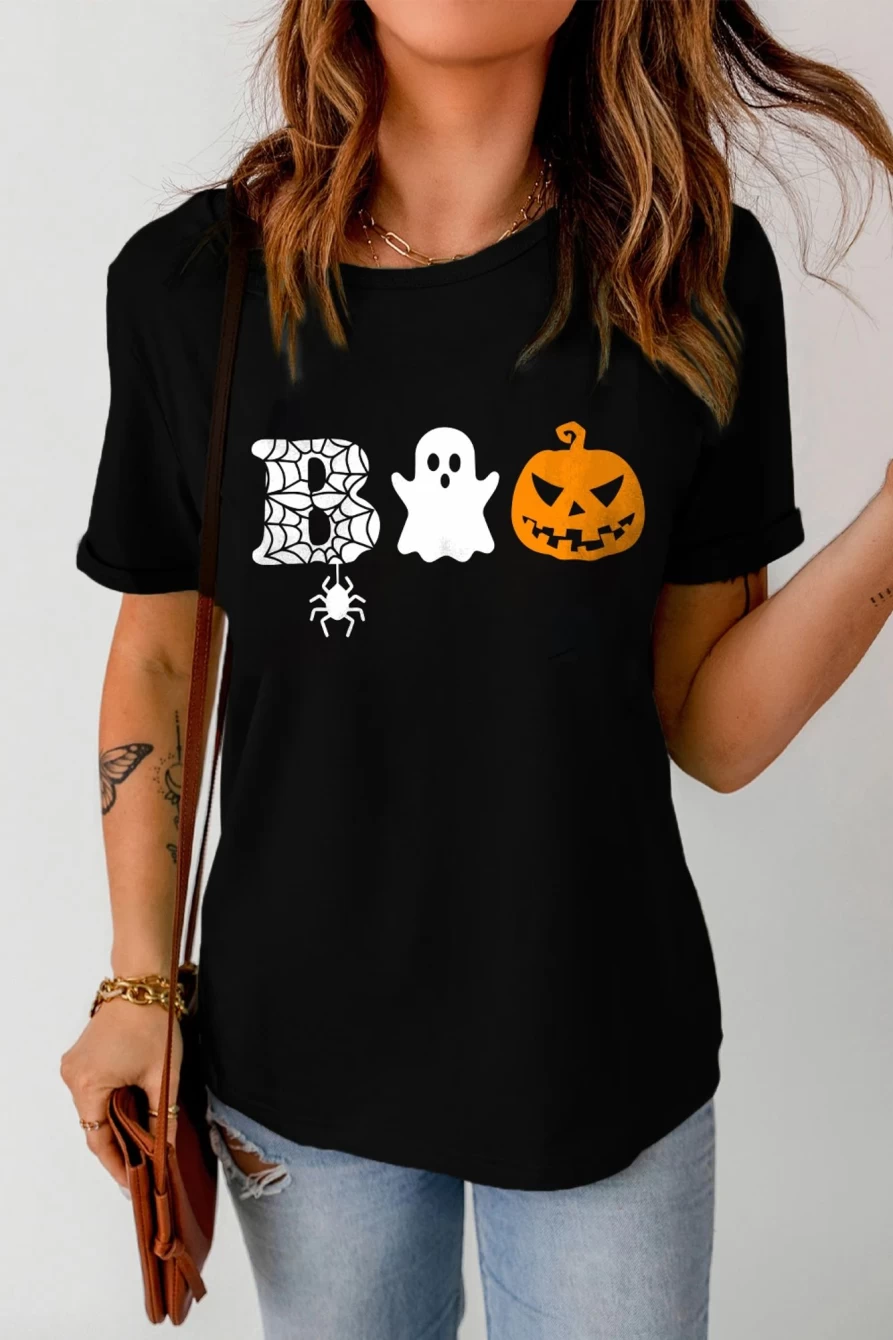 Shewin Women's Black Boo Print Casual Halloween Graphic Tee