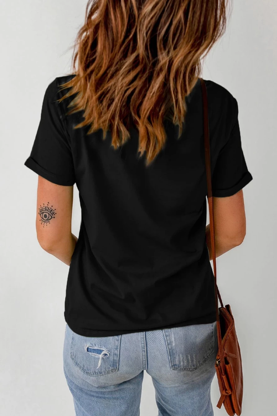 Shewin Women's Black Boo Print Casual Halloween Graphic Tee