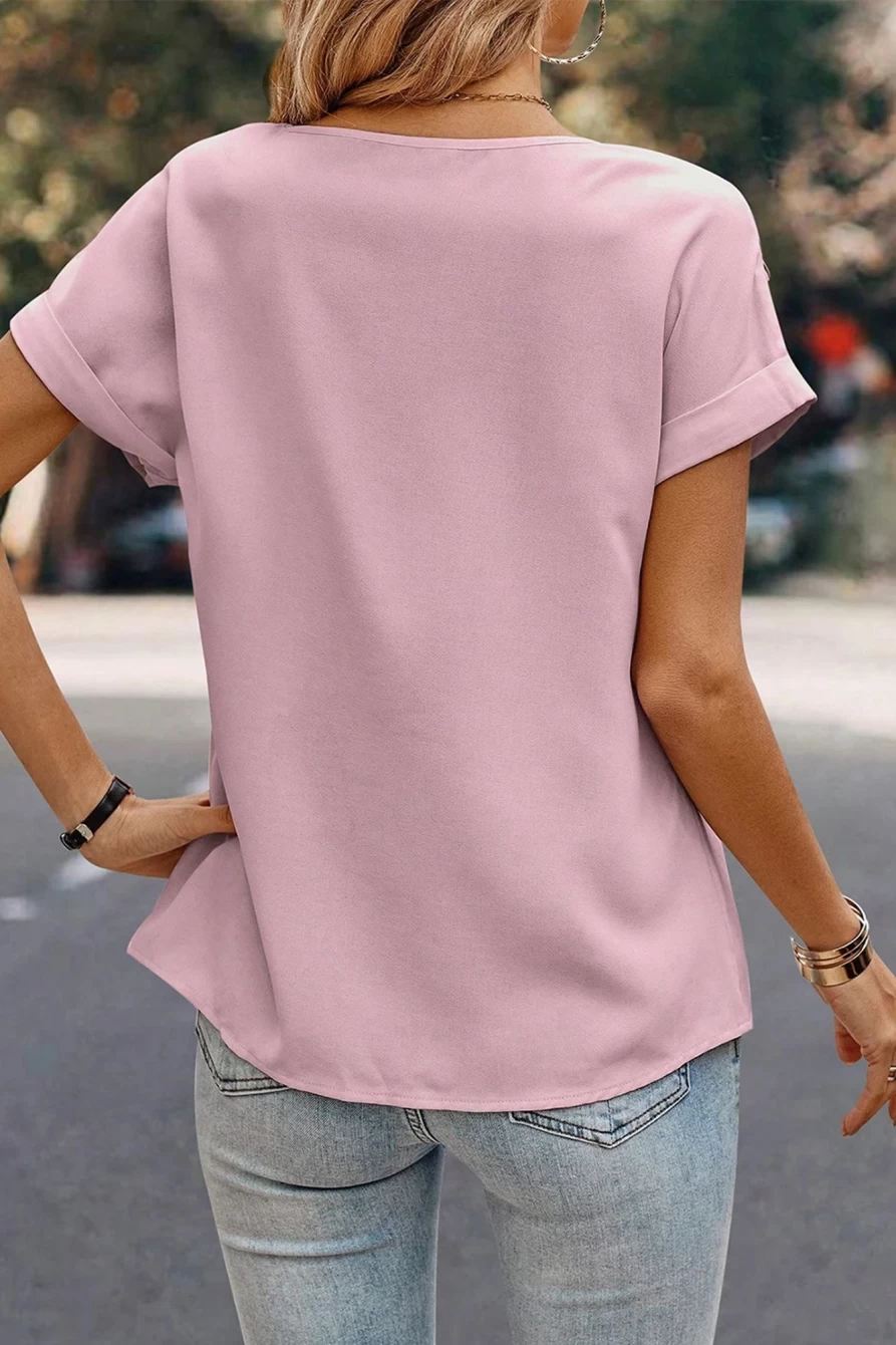 Shewin Women's Light Pink Plain Pleated Round Neck Roll Up Sleeve Blouse