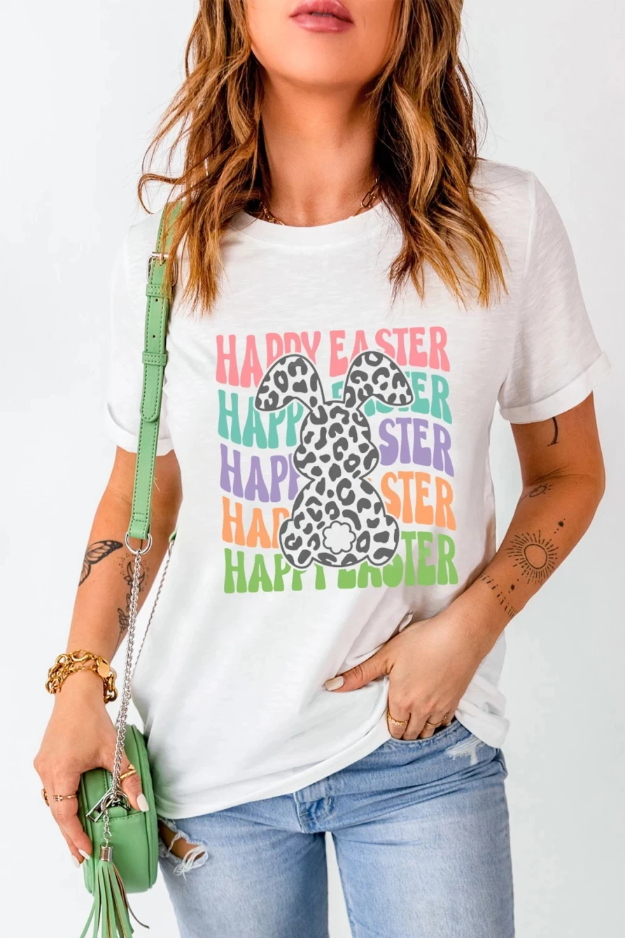 Women's White Easter Rabbit Graphic T-Shirt - Shewin Casual Crew Neck Tee for Spring
