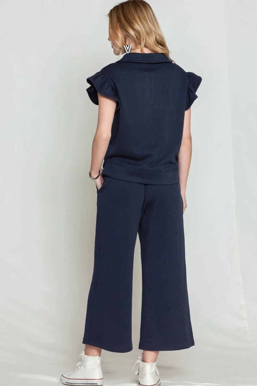 Shewin Women's Navy Blue Textured Ruffle Cap Sleeve Top & Wide Leg Pants Set