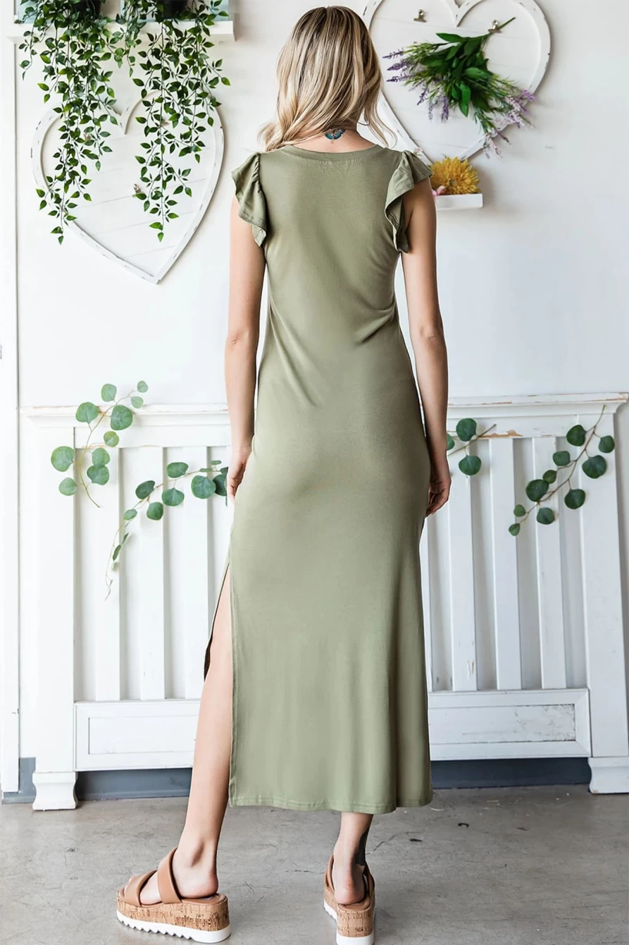 Shewin Women's Green Slim Fit Ruffle Shoulder Split Maxi Dress