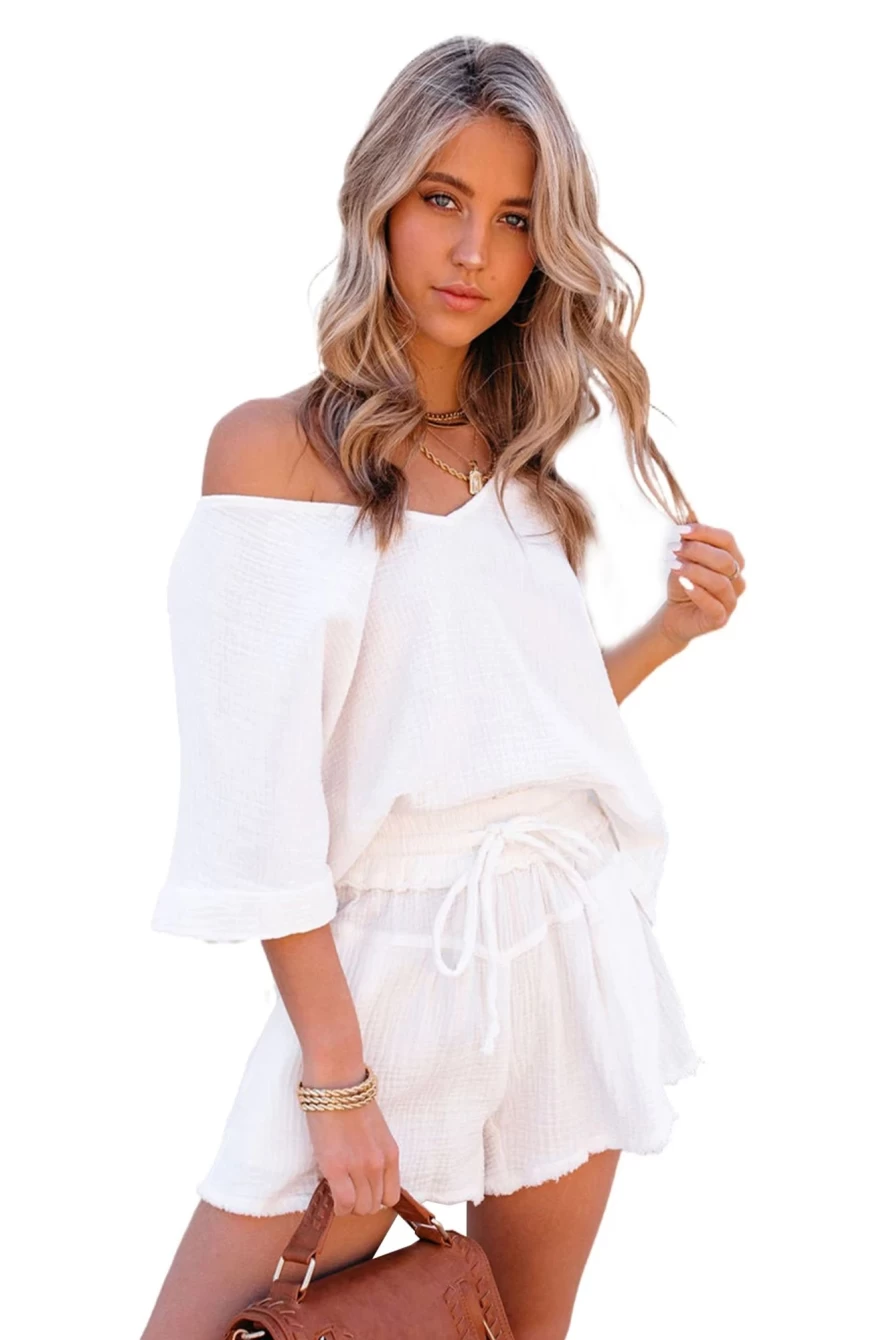 Shewin Women's White Loose V-Neck Blouse & Drawstring Raw Hem Shorts Set