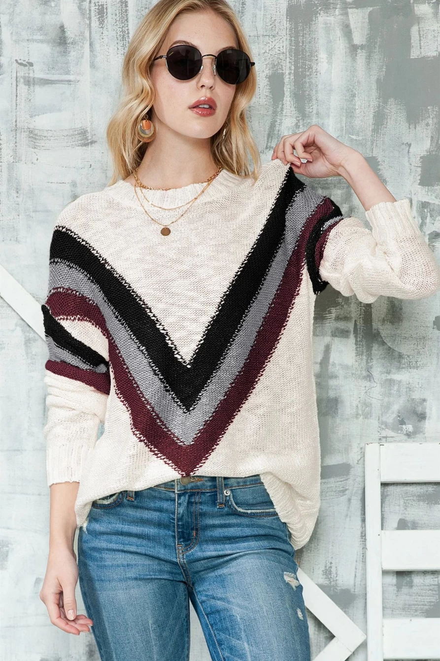 Shewin Women's Black Chevron Striped Drop Shoulder Long Sleeve Pullover Sweater