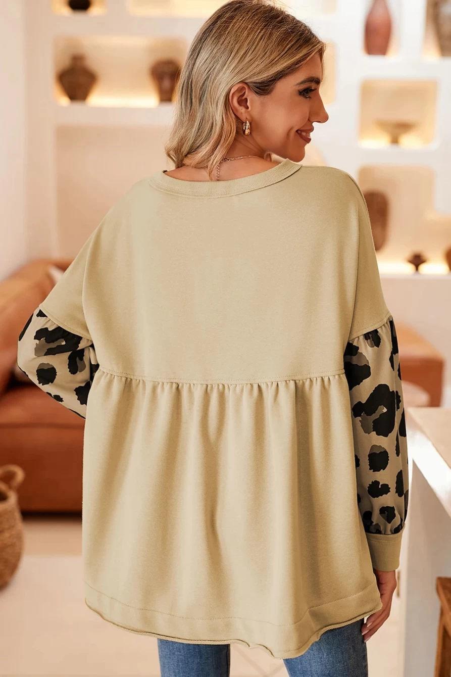 Women's Leopard Print Khaki Loose Sweatshirt with Ruffle Sleeves - Shewin