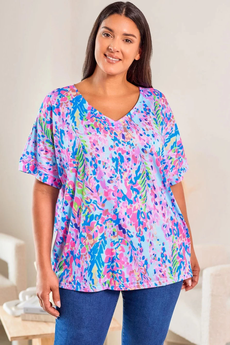 Shewin Women's Plus Size Sky Blue Floral V-Neck T-Shirt Casual Comfortable Plant Print Top