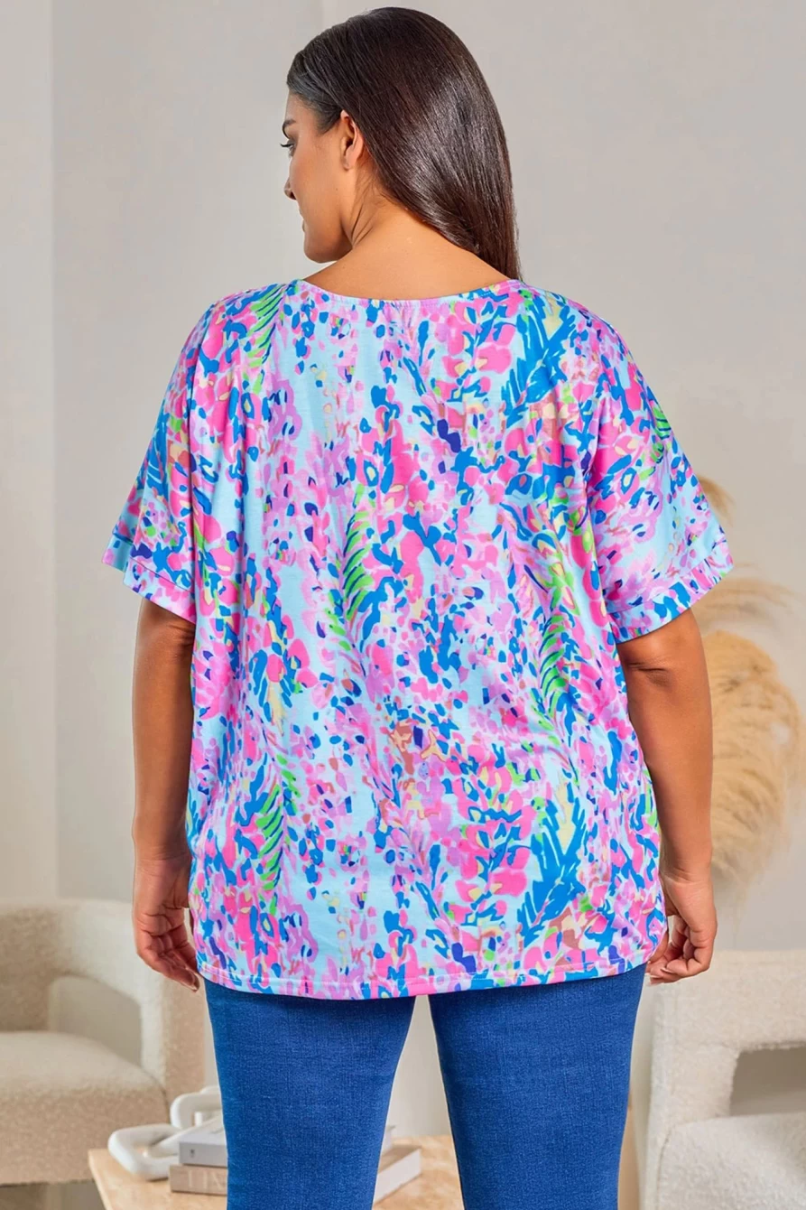 Shewin Women's Plus Size Sky Blue Floral V-Neck T-Shirt Casual Comfortable Plant Print Top