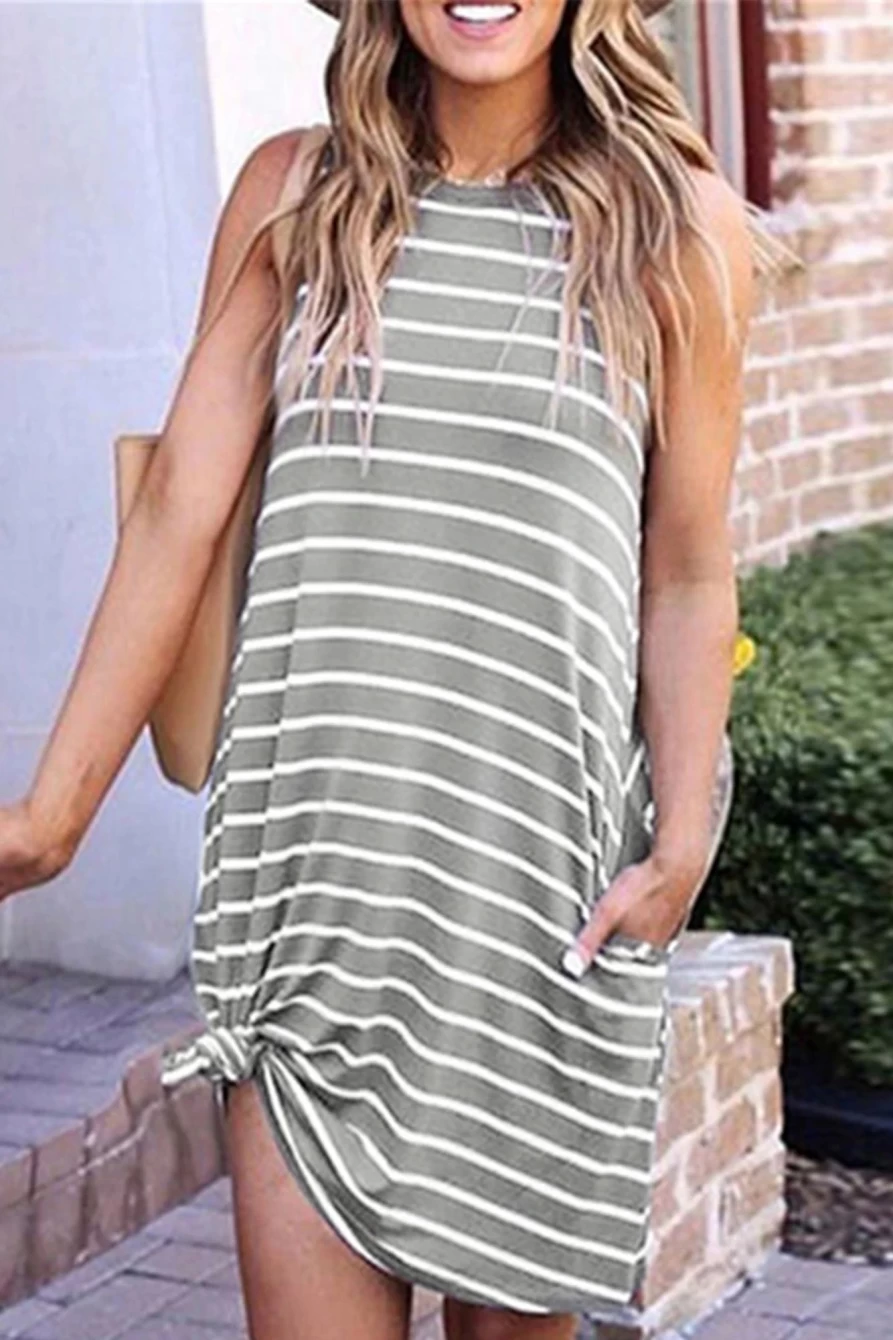 Shewin Women's Striped Sleeveless Short Dress with 3D Print Side Pockets