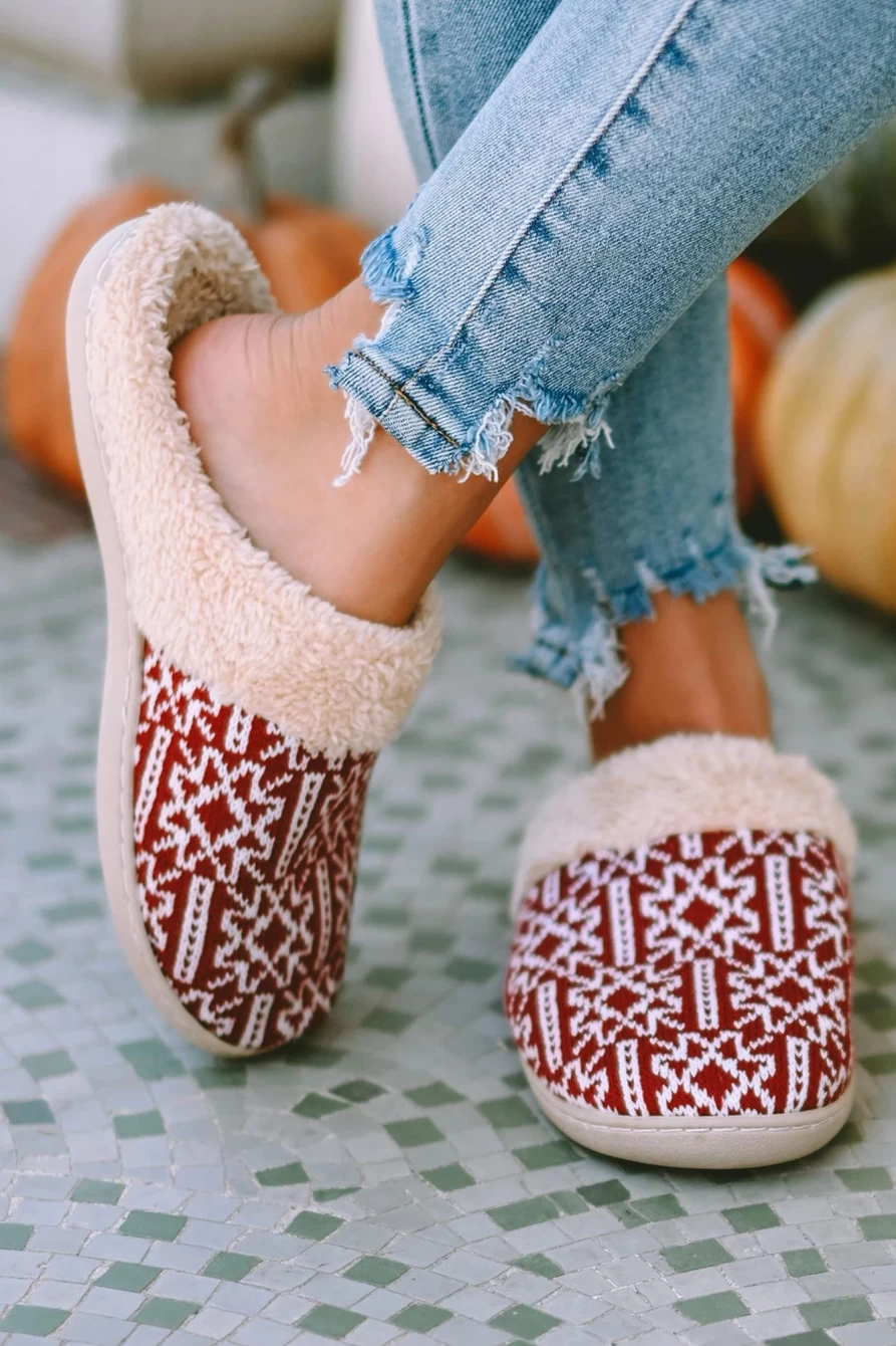 Shewin Women's Red Suede Winter Slippers with Geometric Print and Fuzzy Contrast Detail
