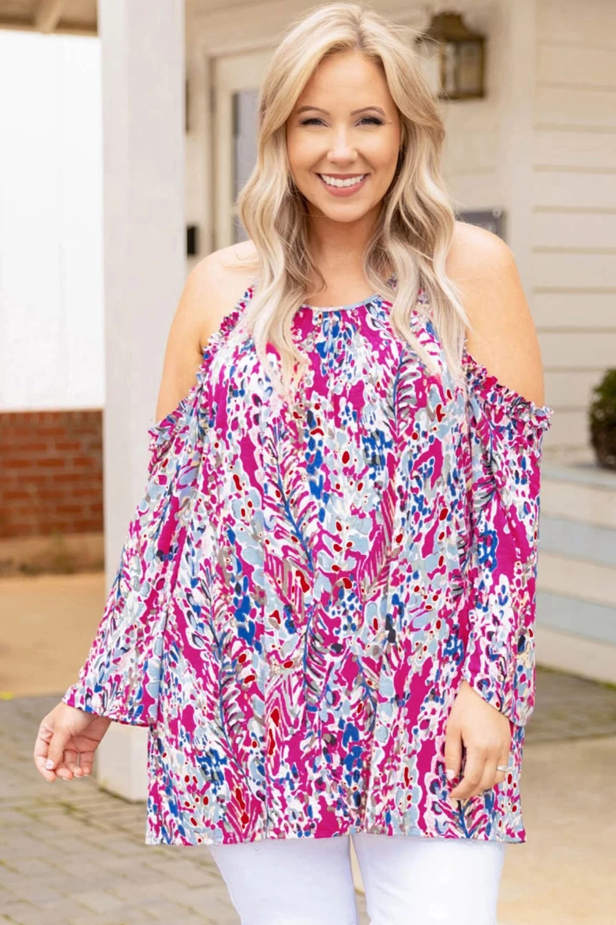 "SheWin Women's Boho Abstract Print Pink Cold Shoulder Plus Size Top"