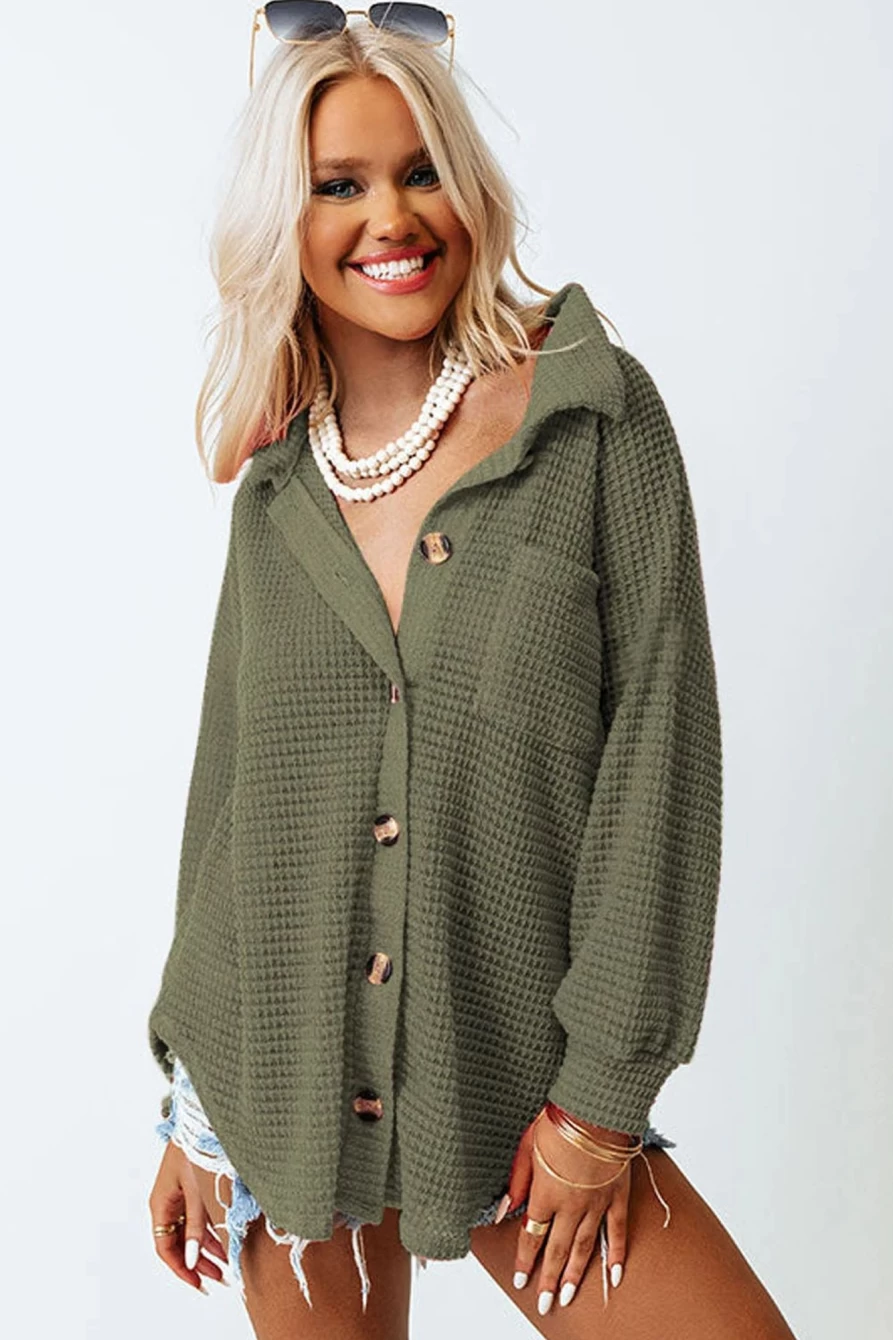 Shewin Women's Green-2 Waffle Knit Shacket with Pocket Buttons Front