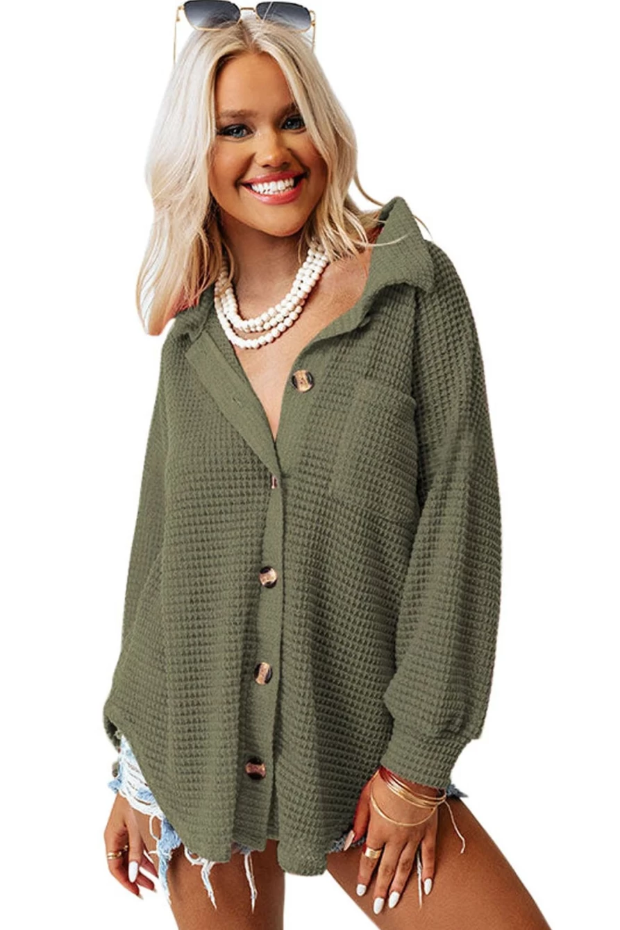 Shewin Women's Green-2 Waffle Knit Shacket with Pocket Buttons Front