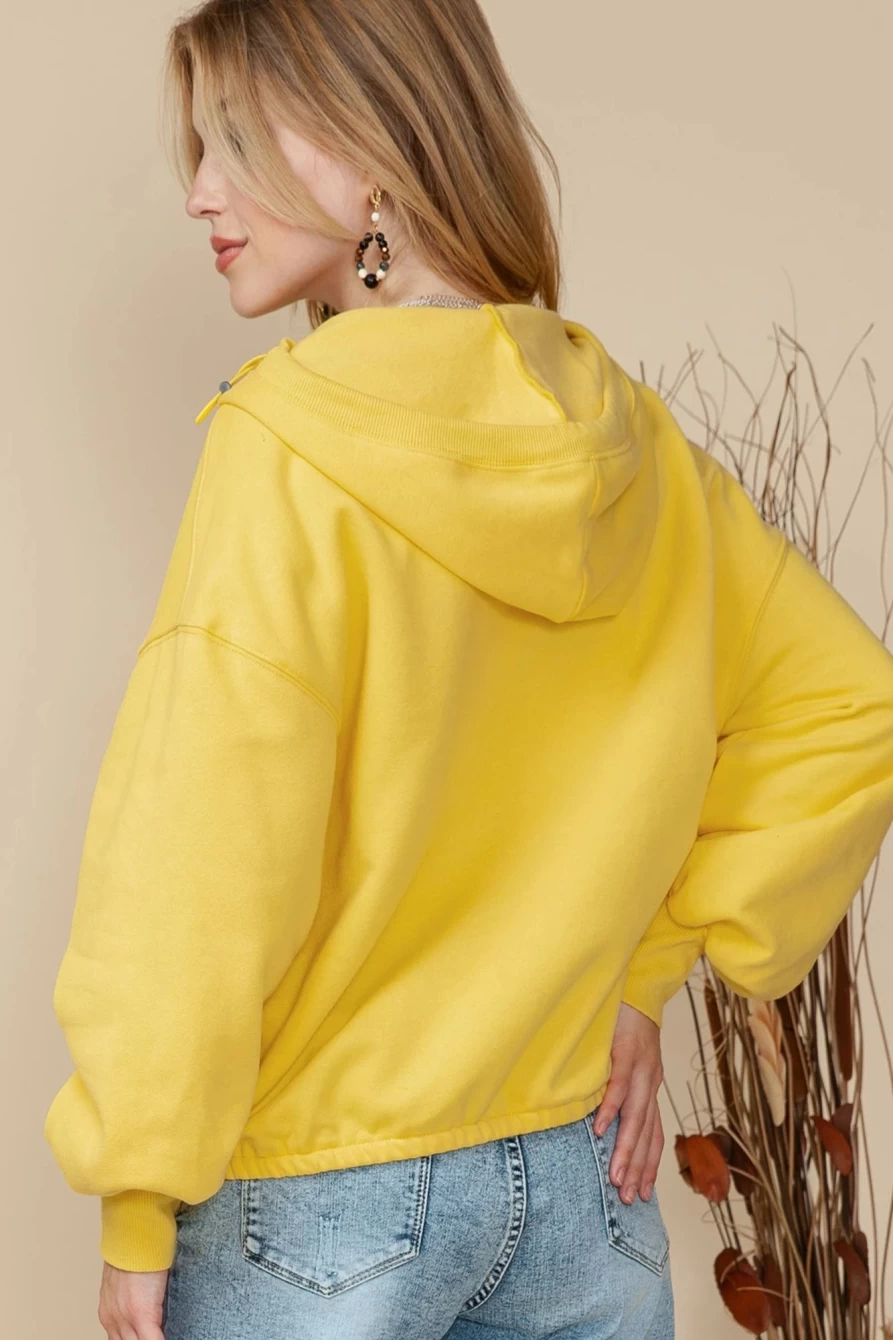 Women's Yellow Solid Color Half Zip Kangaroo Pocket Pullover Hoodie | Shewin