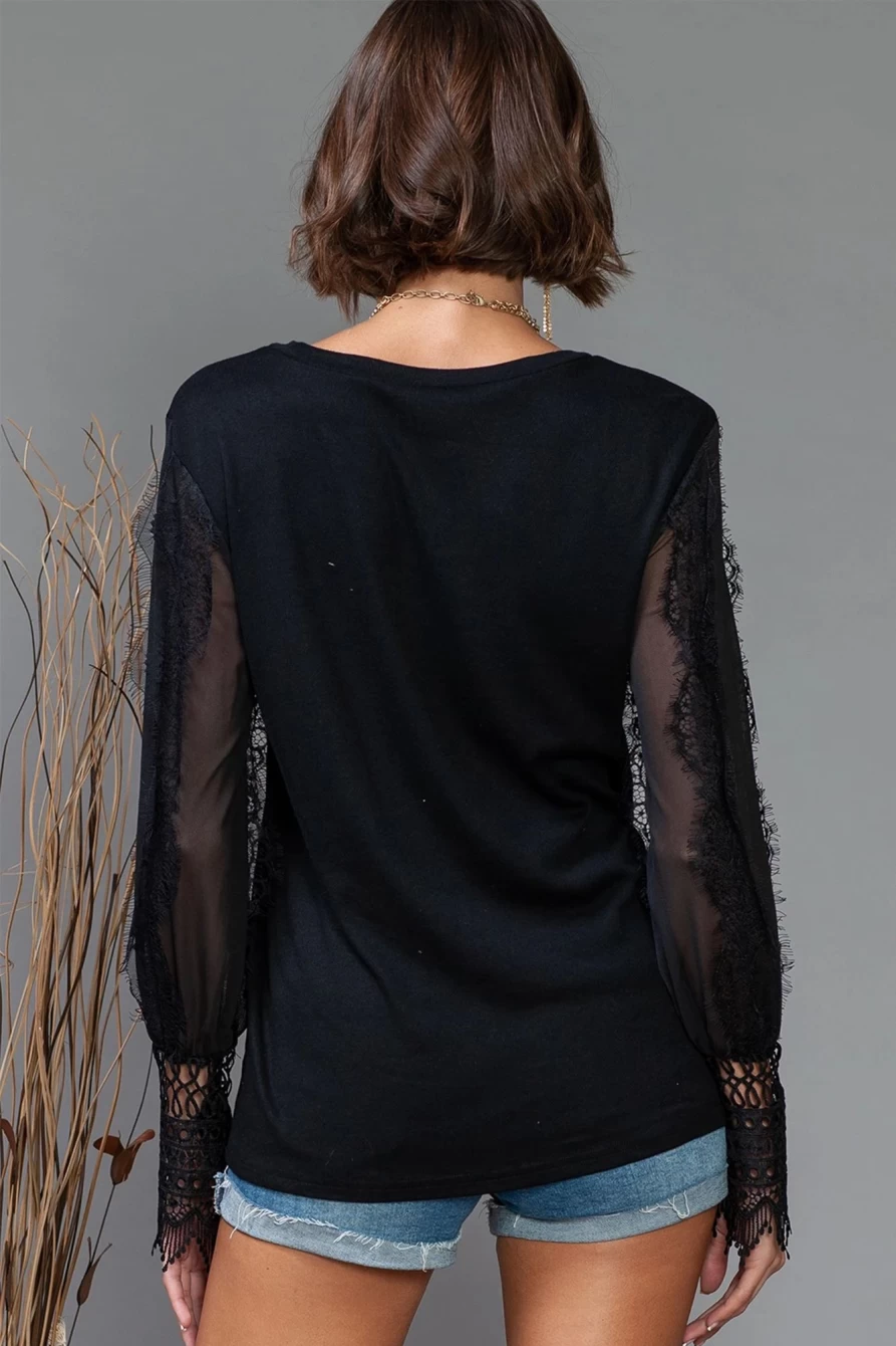 Shewin Women's Black Solid Color Lace Mesh Top with Bishop Sleeves
