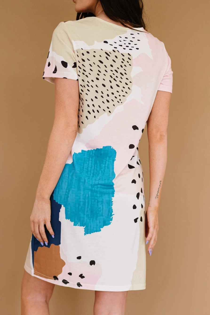 "SheWin Women's Sky Blue Tie-Dye & Spotted Print Color Block Casual T-Shirt Summer Dress"