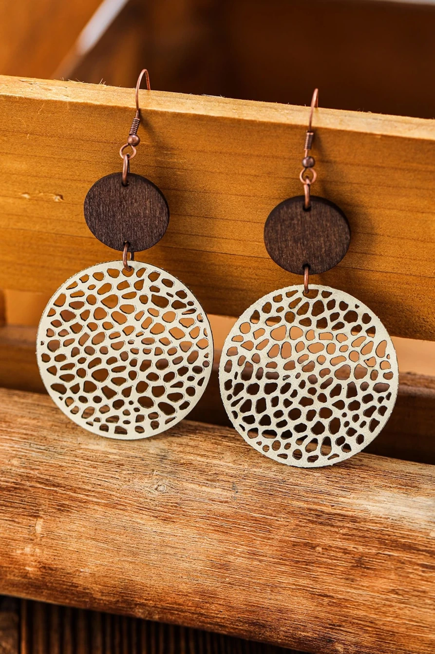 Shewin Beige Hollow Out Wooden Round Drop Earrings for Women - Boho Chic Handmade Dangle Earrings