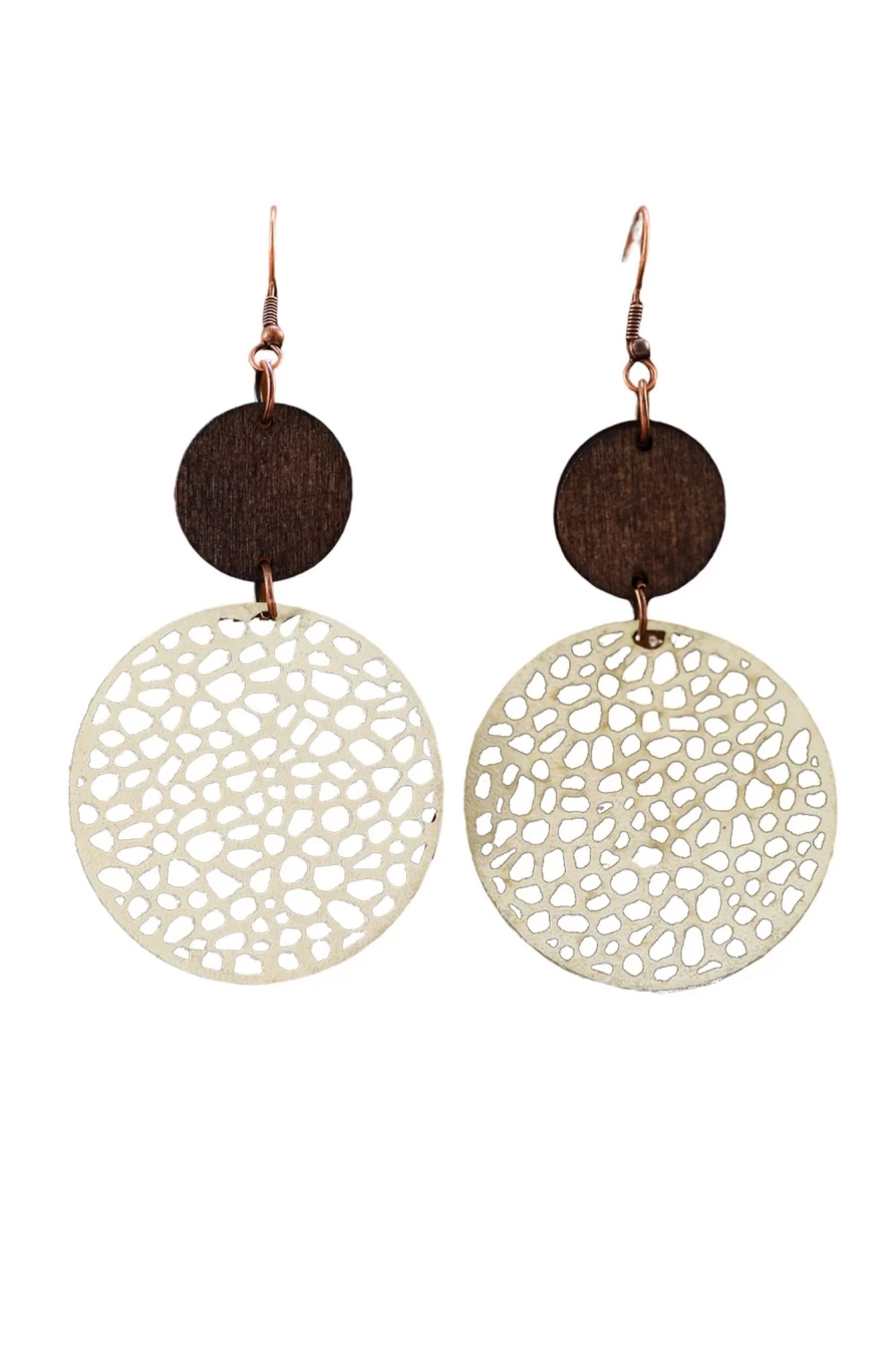 Shewin Beige Hollow Out Wooden Round Drop Earrings for Women - Boho Chic Handmade Dangle Earrings