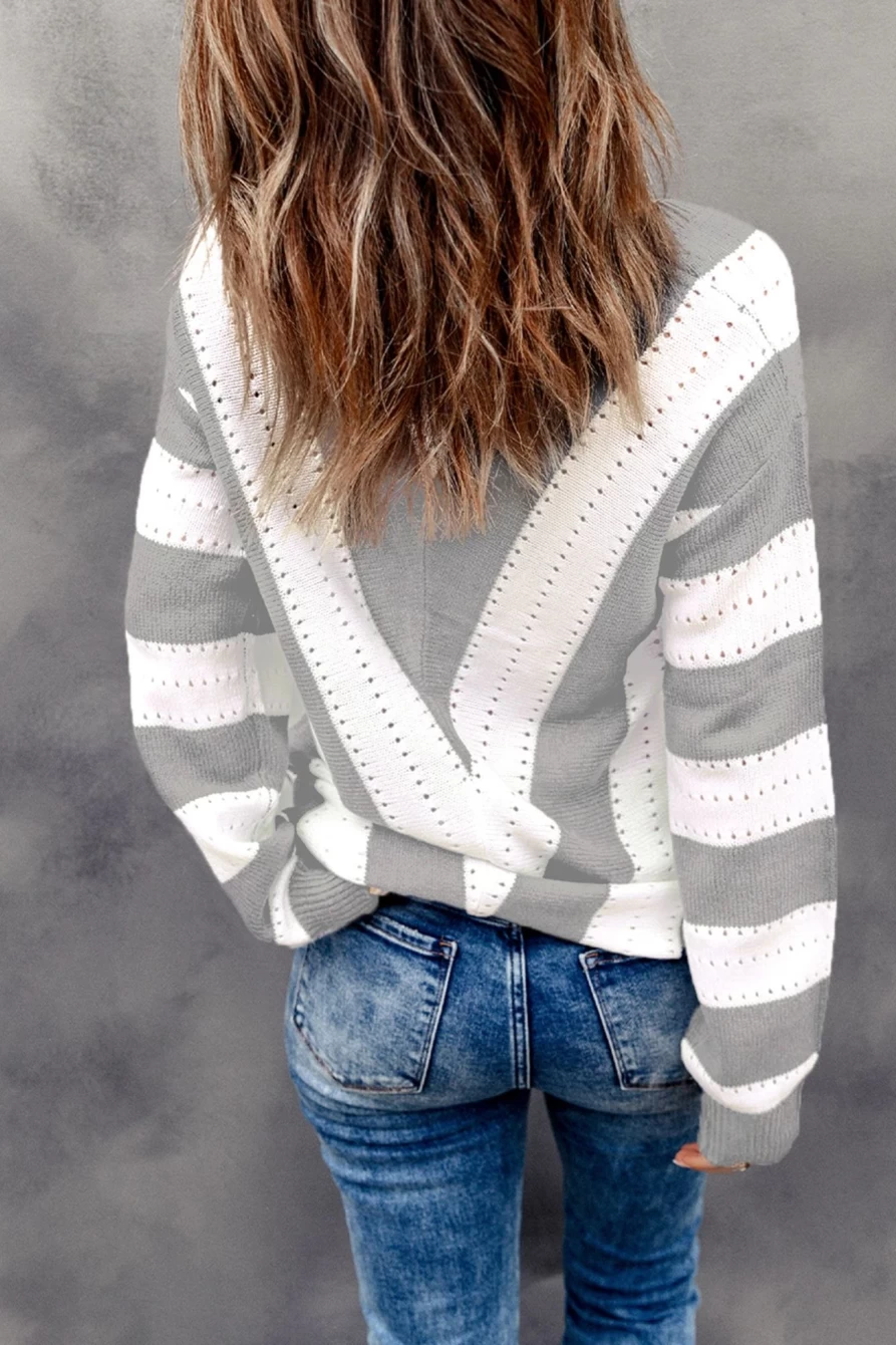 Shewin Women's Gray Striped V-Neck Cutout Knit Sweater Casual Colorblock Pullover