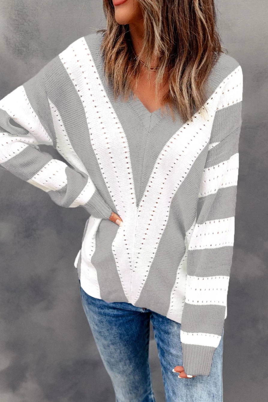 Shewin Women's Gray Striped V-Neck Cutout Knit Sweater Casual Colorblock Pullover