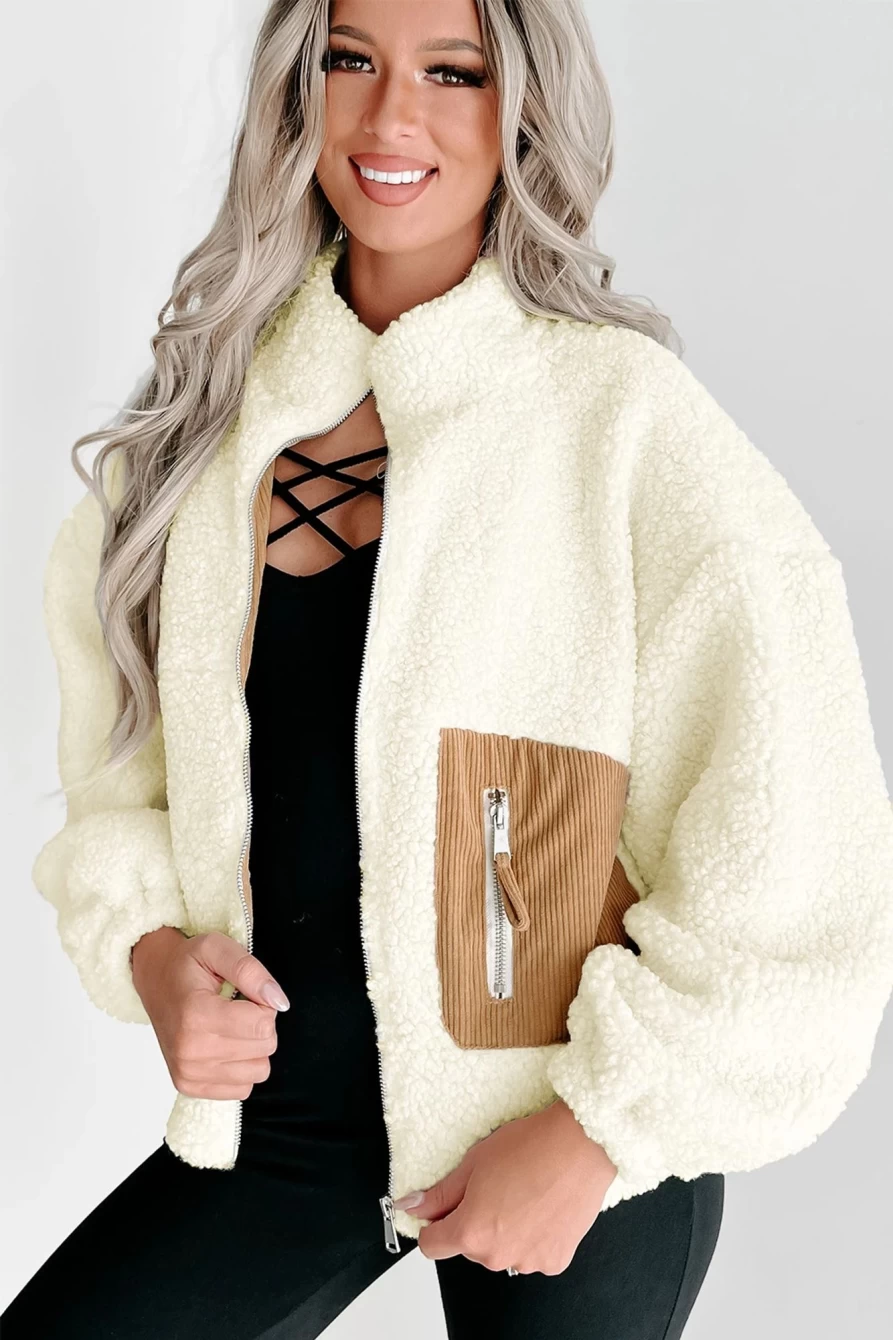 Shewin Women's Bright White Sherpa Jacket with Contrast Patches & Zip Pocket